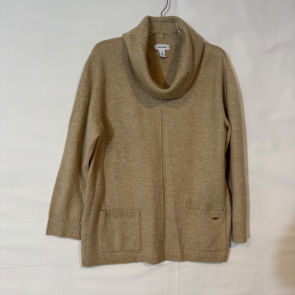 CALVIN KLEIN tan camel colored cowl neck sweater with pockets womens L - Picture 2 of 8
